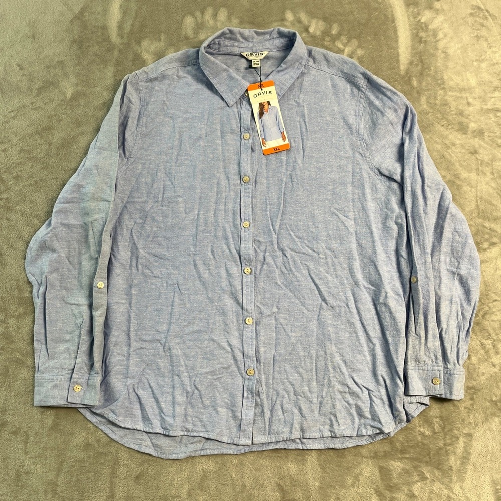 NWT Orvis Classic Blue Linen Blend Roll Tab Button Down Shirt Womens XXL Beach